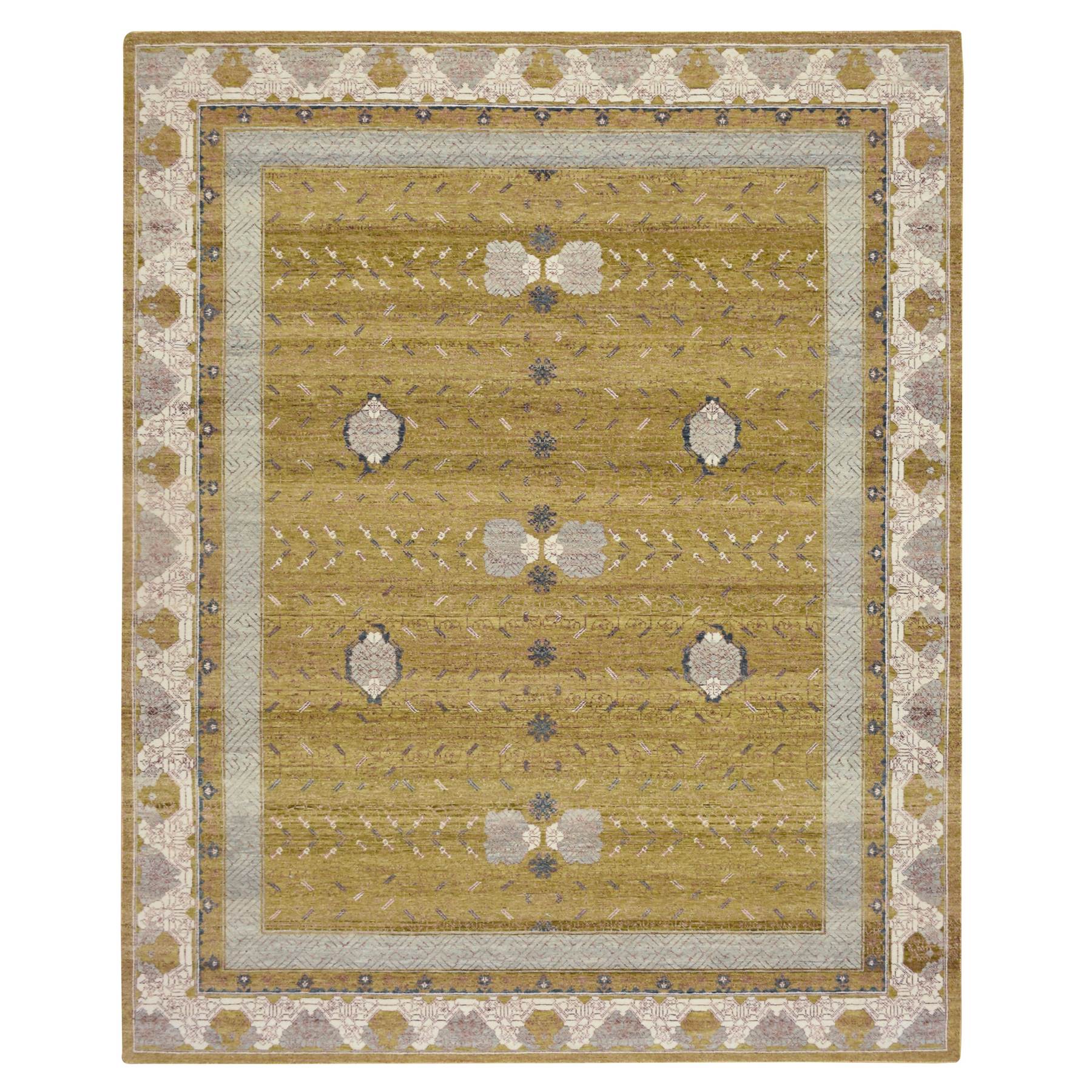 8'1"x10'1" Golden Yellow, Khotan Influence with Pomegranate Design, Zero Pile, Shaved Low, Hand Knotted, 100% Wool, Oriental Rug 